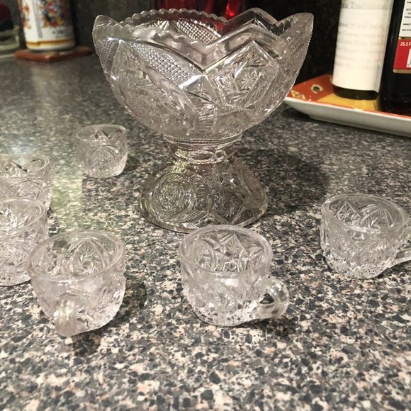 Antique EAPG Childrens Glass Punch Bowl Set with 6 Cups - Picture 4 of 4